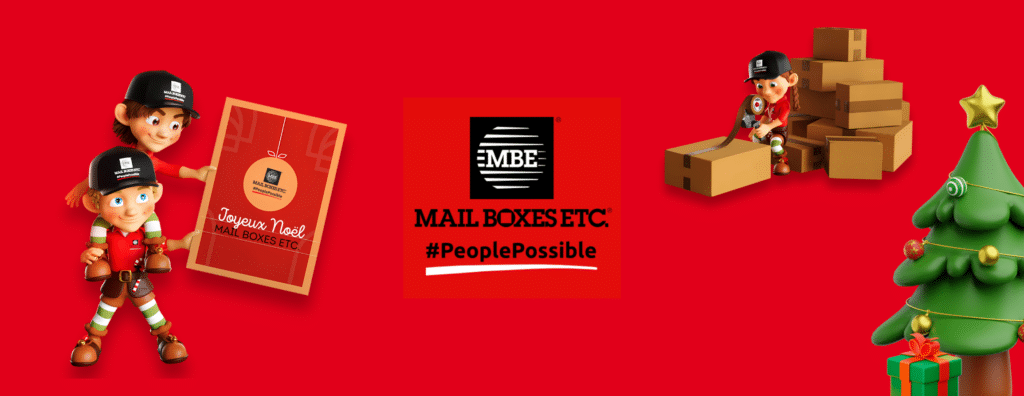 Montage sur fond rouge avec le logo de Mail Boxes Etc.  et les lutins de Mail Boxes Etc. qui préparent des cadeaux.