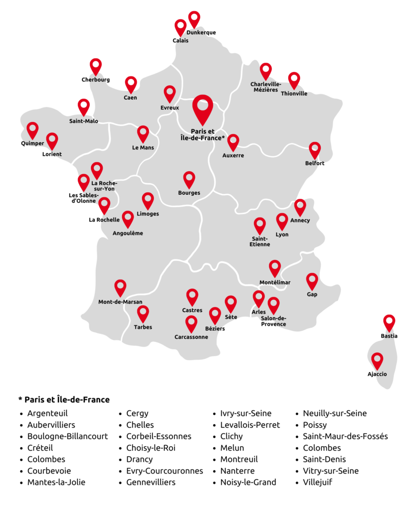 Carte de France avec l'emplacement des villes prioritaires pour ouvrir de nouveaux Centres Mail Boxes Etc.