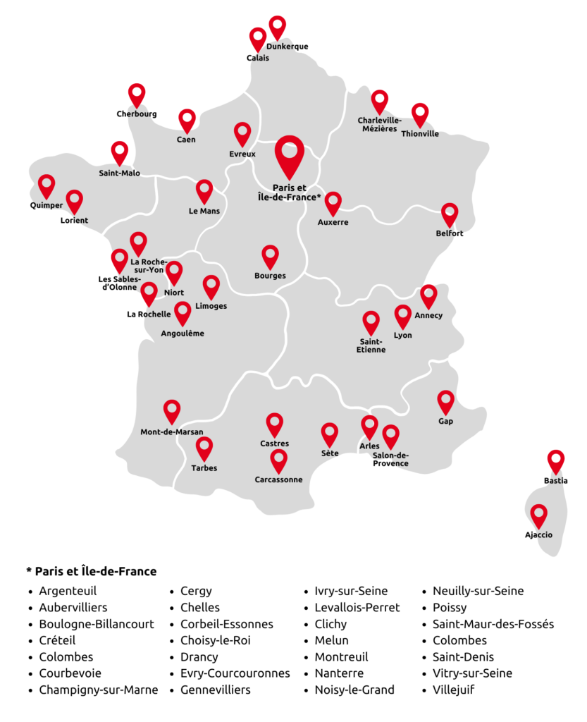 Carte de France avec l'emplacement des villes prioritaires pour ouvrir de nouveaux Centres Mail Boxes Etc.