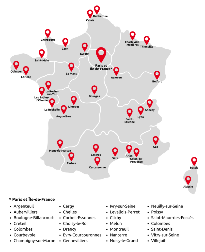 Carte de France avec l'emplacement des villes prioritaires pour ouvrir de nouveaux Centres Mail Boxes Etc.