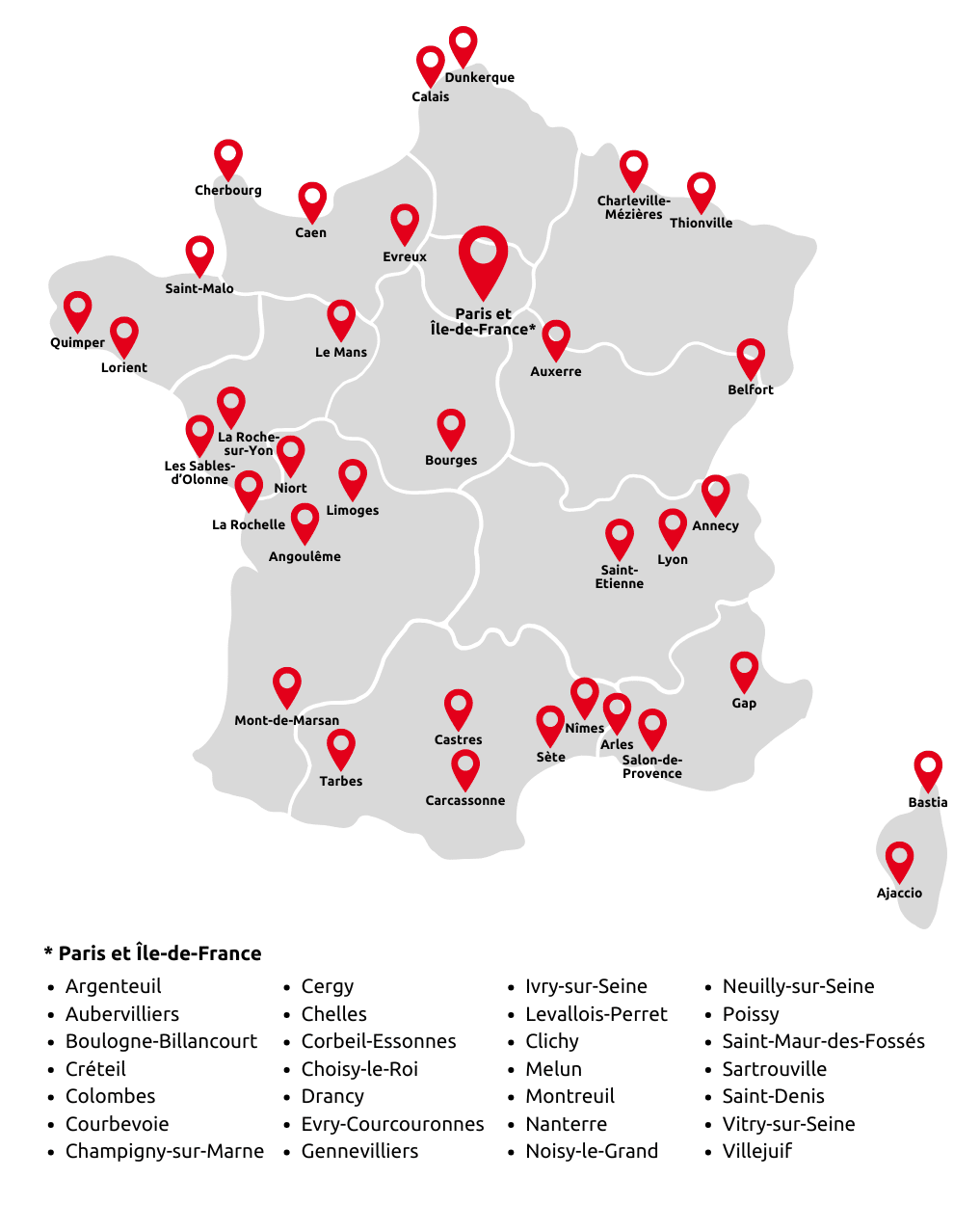 Carte de France avec l'emplacement des villes prioritaires pour ouvrir de nouveaux Centres Mail Boxes Etc.