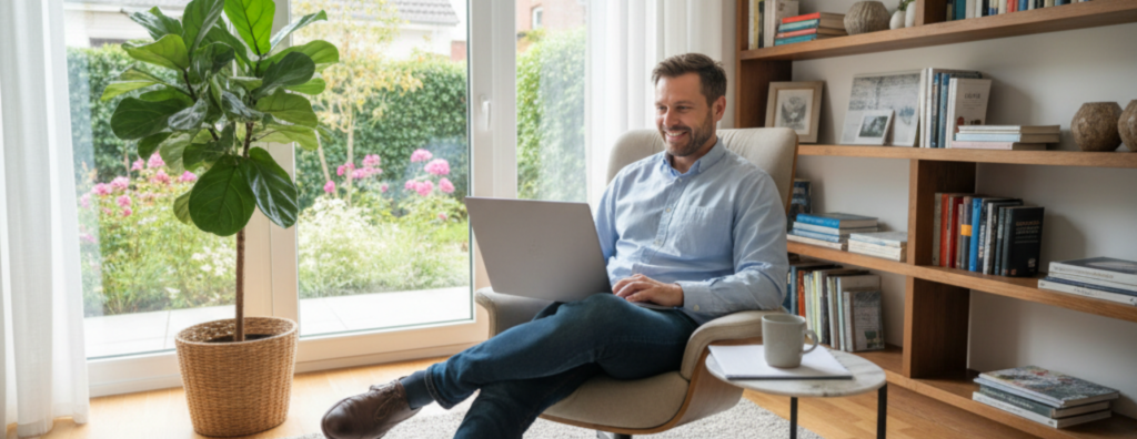Entrepreneur qui a créé son entreprise dans sa ville et qui travaille depuis chez lui.