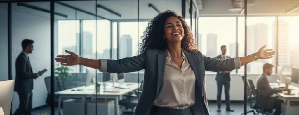 Femme entrepreneuse qui exprime sa joie et sa liberté en tant que cheffe d'entreprise