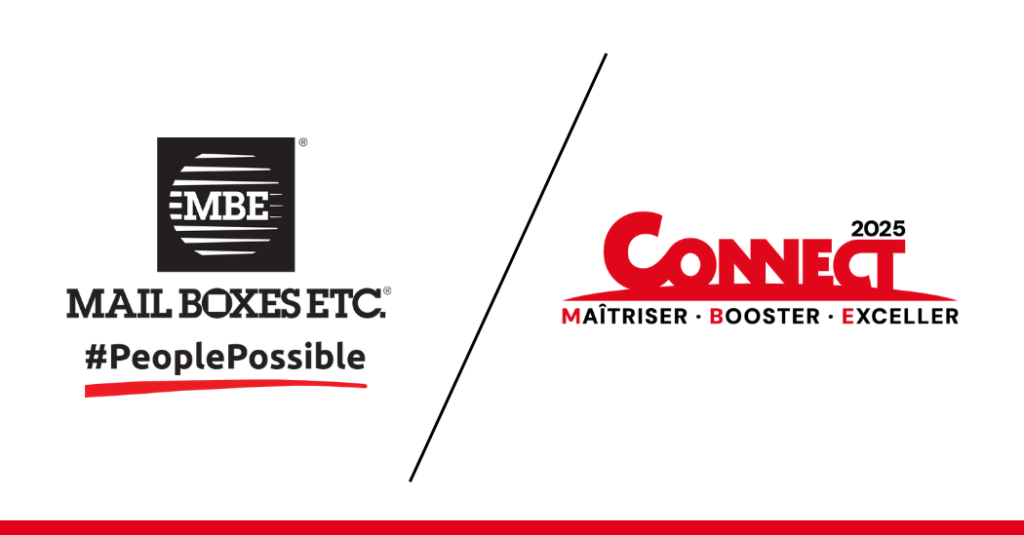 Montage avec le logo de Mail Boxes Etc. et celui de la convention nationale 2025 du réseau