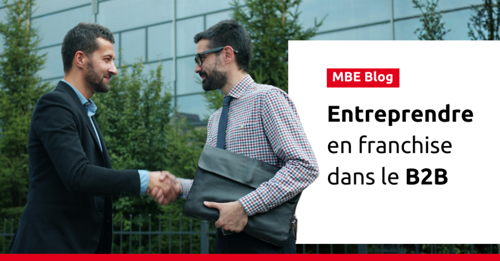 Montage avec le logo de Mail Boxes Etc., un encart avec la mention "MBE Blog" et le titre de l'article. Il y a également une photo avec deux hommes d'affaires qui se serrent la main.