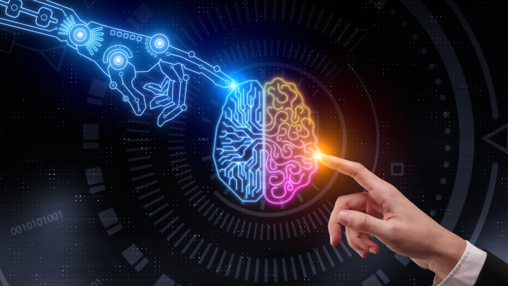 Illustration montrant la connexion entre l'intelligence artificelle d'un côté et l'humain de l'autre.