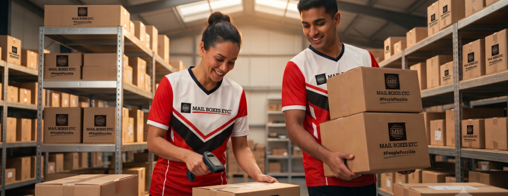 Une femme et un homme, membres de l'équipe Mail Boxes Etc., qui travaillent dans un entrepôt logistique entourés de colis et habillés avec un maillot aux couleurs de la marque.