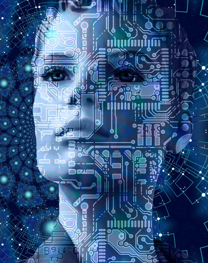 Visage féminin derrière des schémas et des lignes de code qui représente une intelligence artificielle.